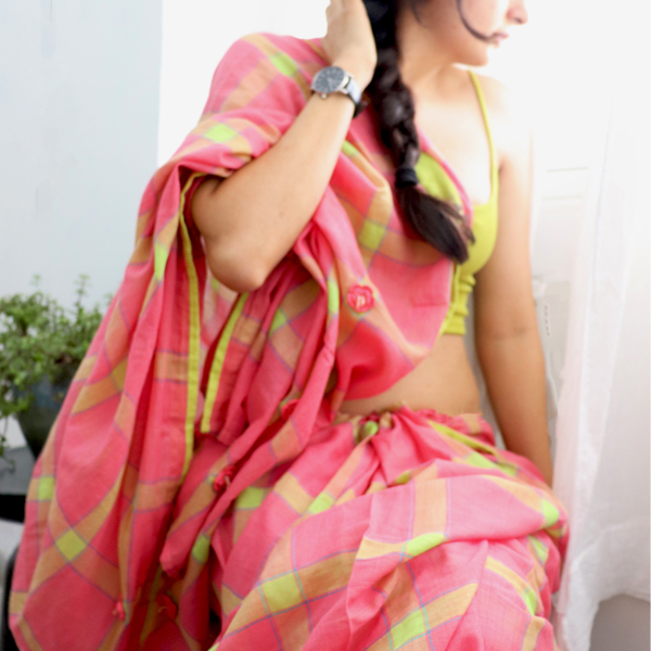 Kirgiti's Crochet Patch Peach Cotton Voil Saree